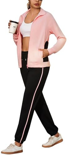 Uniexcosm Full-Zip Tuta Sportiva Donna Con Maniche Raglan E Finiture A Contrasto Tuta Da Jogging Da Donna Rosa XXL