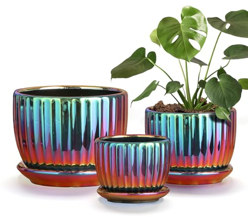 Ton Sin Flower Pots, Purple Ceramic Plant Pots Set of 3,Small Glazed Succulent Pots with Drainage Hole,Cactus Planter with Saucer,Outdoor Garden Pots (Colorful Gold)