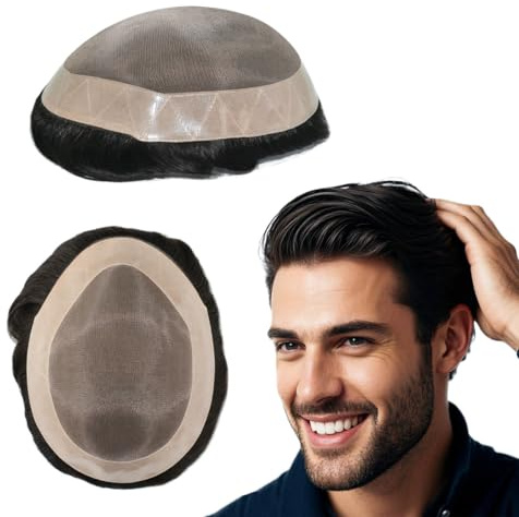 Tresshairca Men's Real Human Hair Toupee Natural Hairline Hair Replacement System for Men Breathable Fine Mono Base with Poly Perimeter Lace Front Edge Durable & Realistic Wig for Daily Wear (8x10)