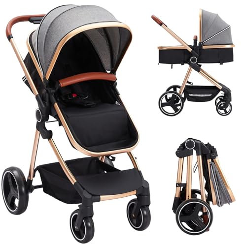 Kinderwagen 3 in 1 Buggy Reisesysteme Kombikinderwagen Gold Babywagen, Hohe Landschaft, Faltbar Kinderwagenset mit 5-Punkt-Sicherheitsgurt, Aluminiumrahmen