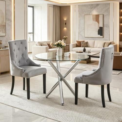 Homullel Round Dining Table and Chairs Set 2 Seater Kitchen Dining Set, 3 Pieces Table & Chairs Dinner Table Set for 2 (90cm Glass Table, 2 Seats, Light Gray Velvet Knocker)