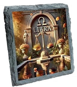 Sottobicchiere in ardesia con segno zodiacale Bilancia con scala e fontana, per gli amanti dell'astrologia (slco-kf25-1352)