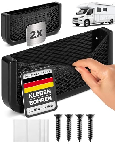 Vicera Rete portaoggetti per camper e camper, set da 2 pezzi, in plastica robusta e rete elastica, materiale di montaggio incluso