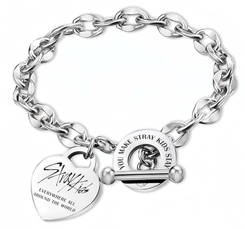 Stray rostfritt stål armband, Stray unisex silverarmband, hjärthänge armband med 1 SKZ 3D-klistermärken och 2 SKZ fotokort, Kpop fanartikel gåva för Stay