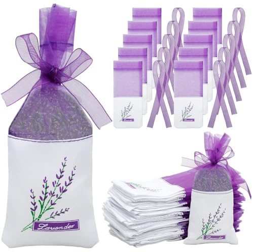 100Pcs Lavender Bags Empty, Purple Drawstring Lavender Bags for Wardrobes | 7x17cm with Ribbons, Gauze Pouches for Fill Lavender, Spice and Herbs, Small Sachets for Wardrobes Drawer Car Cupboard Shoes