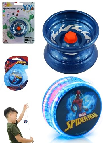 Metal Trick YoYo & Plastic Spiderman Light-Up Yo-Yo 2pack Set for Kids, Beginner Friendly Responsive Return YoYo Bundle with Extra String, LED Flashing Toy, Outdoor Play Gift for Boys & Girls