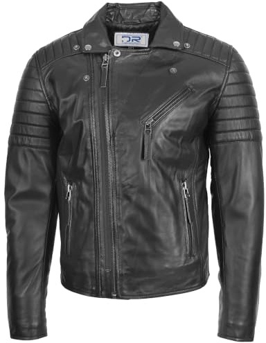 Divergent Retail DR145 - Chaqueta de piel de cordero acolchada para hombre, cremallera doble YKK asimétrica, cuello de muesca, tres bolsillos, puños con cremallera, color negro, Negro, XXL-3XL