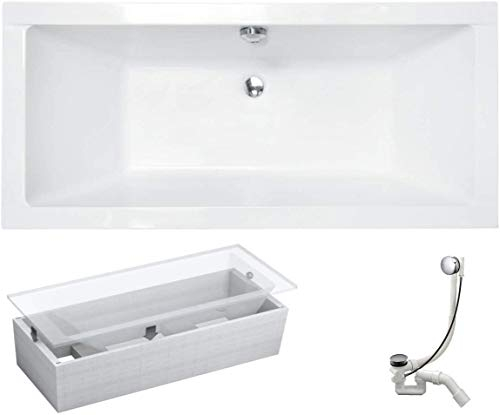 VBChome Badewanne 170x75 cm Acryl SET Wannenträger Siphon Wanne Rechteck Weiß Design Modern Styroporträger Ablaufgarnitur in Chrom für 2 Personen (170x75cm)