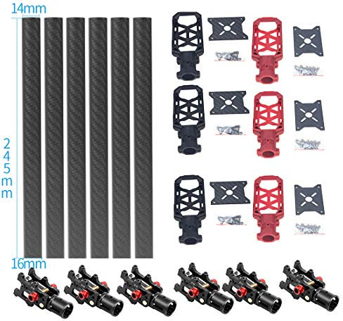 FEICHAO 6 STÜCKE 16 MM * 14 MM * 245 MM 3 Karat Kohlefaserrohr mit 16mm Klammer Typ Motorhalterung Plattenhalter & Z16 Klapparm Rohrgelenk für 6-achsige Flugzeuge RC Hexacopter DIY Copter Drone