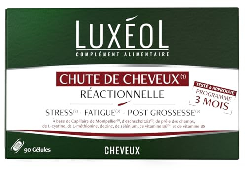 LUXÉOL - Chute De Cheveux Réactionnelle - Aide À Prévenir Chute De Cheveux Passagère - Stress, Fatigue, Post-Grossesse - Capillaire De Montpellier - Fabriqué En France - Programme 3 Mois - 90 Gélules