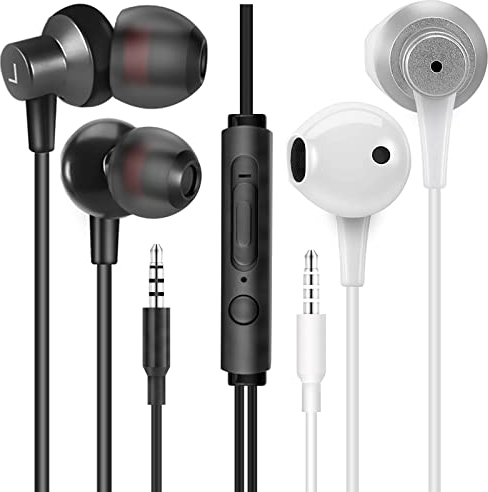 MAS CARNEY [Paquet de 2] WH5/WI7 Écouteurs Intra-Auriculaires filaires, écouteurs en métal avec Prise Casque 3,5 mm, contrôle du Volume du Microphone, Noir/Blanc
