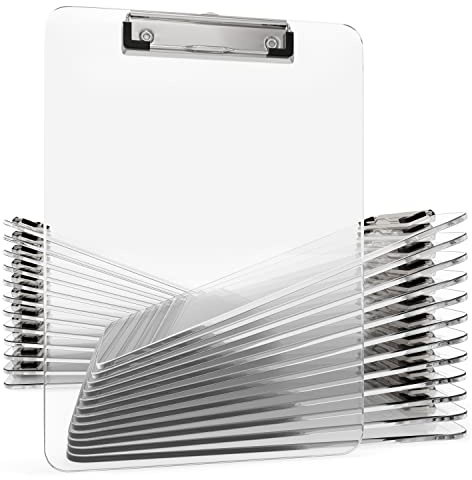 Confezione da 25 tavolette portablocco in plastica trasparente con clip in metallo a basso profilo, 31 x 22,9 cm, formato lettera, per classe, con gancio per appendere, contiene 100 fogli