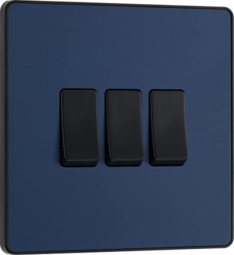 BG Electrical Triple Wall Light Switch, 2 Way, Screwless Front Plate, Round Edges, Evolve, Matt Blue, 20A, 16AX, PCDDB43B