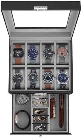 SONGMICS Watch Box, 8-Slot Watch Case Organizer with Large Glass Lid, 2 Layers, Removable Pillows, Metal Lock, Gift for Loved Ones, Black Synthetic Leather, Greenish Gray Lining UJWB080G01