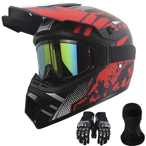 Motorcycle Dirt Bike Helmet Full Face Motocross Helmets for Outdoor Sports Off Road Racing Mountain Bike Men Women Off-Road Helmet Gloves Goggles for Adult Youth DOT/FMVSS 218 Approve(Red S)