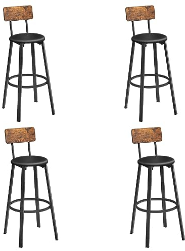 VASAGLE Barhocker, 4er Set, Barstühle, PU-Bezug, mit Fußstütze, einfacher Aufbau, Industrie-Design, für Esszimmer, Küche, Theke, Bar, vintagebraun-tintenschwarz LBC269B81