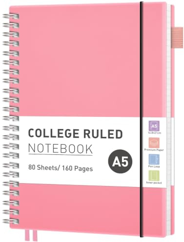RETTACY A5 Spiral Notebook, Lined Journal, Notepad, 160 Pages, Pink