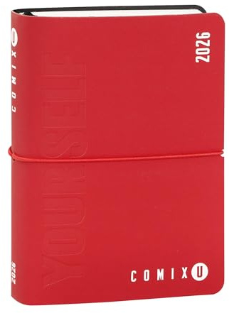 COMIX U YOURSELF Mini 2025–2026 dagbok, 16 månaders dagbok, värmeskyddande mjukt fodral, elastiskt och 448 sidor, perfekt för skola och universitet 11 x 15,3 cm, röd