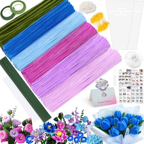 CYJJYZ Kit Limpiapipas,300 Pcs Alambre de Chenillas,Limpiadores de Pipas,con Tallos de Flores,Cinta,Rollo de Papel de Embalaje etc,Pipas Alambre de Chenilla para Ramos Artesanales y Decoración