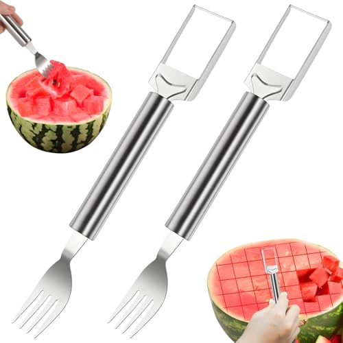 2Pcs Watermelon Fork Slicer Cutter Set, Stainless Steel 2-in-1 Melon Cutter for Easy Slicing - Effortless Melon Cutting Utensil (2 Pack)