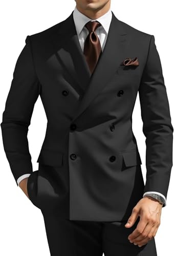 TIJOFA Mens 2 Piece Suit Slim Fit Black Double Breasted Suit for Men Formal Business Black Tuxedo Double Breasted Blazer Jacket Wedding Groom Prom Dinner Party M