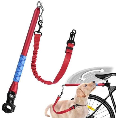 Laisse de vélo pour Chien, Rotation à 150°, Amortisseur intégré rétractable, en Nylon élastique, Fixation pour Ceinture de sécurité Voiture (Rouge)