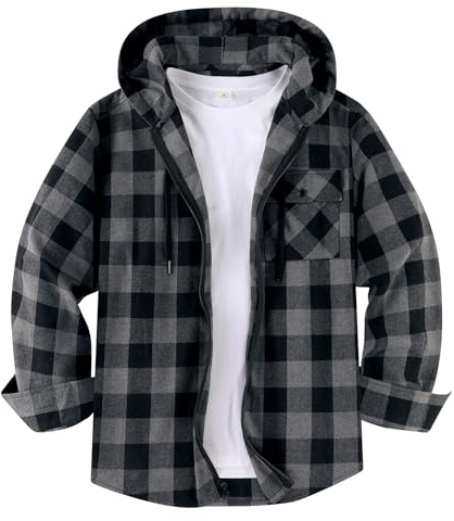 ZITY Camicia di Flanella da Uomo Cappuccio a Maniche Lunghe da Boscaiolo Quadri Camicia Casual con Cappuccio e Cerniera Giacca Lavoro a Maniche Lunghe Cotone con Taschino sul Petto M-3XL