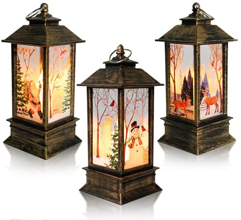 3PCS Christmas Candle Lanterns Christmas Ornaments Lanterns Lights Indoor Vintage Xmas Candle with LED Light Santa Claus Snowman Reindeer Fireless Candle Lamp for Xmas Tree Table Desk Decoration