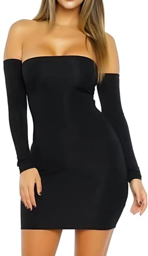 AMABILEMIA Vestito Donna Corto Maniche Lunghe Mini Abito Elegante Invernale Senza Spalline Tubino Nero da Sera Sexy Aderente Discoteca Festa AM951 (IT, Testo, L, Regular, Regular, Nero)