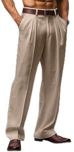 Pantalon de costume décontracté taille haute pour homme, coupe ample, jambes droites avec design plissé drapé, fabriqué à partir de 80 % chanvre et 20 % élasthanne (M kaki)