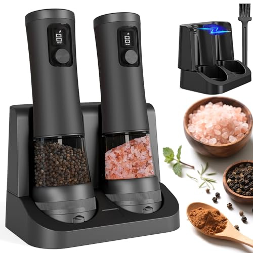 Veiliss Juego de molinillo eléctrico de sal y pimienta con base recargable con pantalla de batería, grosor ajustable externo, molinillos automáticos de cerámica para sal y pimienta (Black Pro)