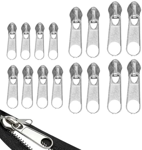 UIEXAY 16 Arregla Cremallera Universal - Juego de Pestañas de Cremallera Metálicas en Tamaños 3, 5, 8, 10 - Reparación de Cremalleras para Ropa, Bolsos, Ropa de Cama y Proyectos DIY - Color Plata