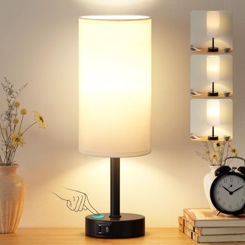 PreeOtti Bedside Lamps, Touch Lamps Bedside with 3-Way Dimmable for Bedroom | Dual USB Charging Ports, Minimalist Table Lamp for Living Room, Dorm, Home Office, White Shade-Black Base(Bulb Included)