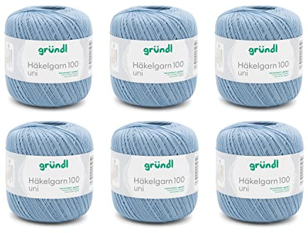Gründl Wolle Häkelngarn 100 - dünne sommerliche Wolle zum Häkeln - Glänzend und waschbar - Baumwollgarn - 100 % Baumwolle - 6 Knäuel 100 g / 566 m - Nadelstärke 1,5 - 2, jeansblau
