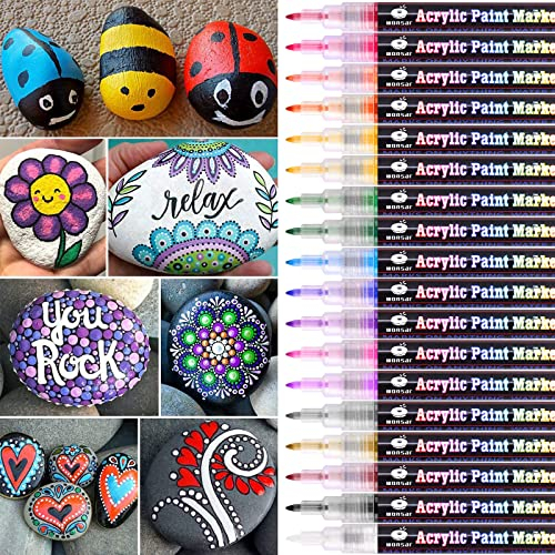 wonsar Acrylstifte Marker Stifte, 18 Farben Wasserfest Acrylstifte für Steine Bemalen, Acrylfarben Stifte für Kinder DIY Keramik Glas Porzellan Metall Kunststoff Holz, Leinwand (0,7mm Spitze)