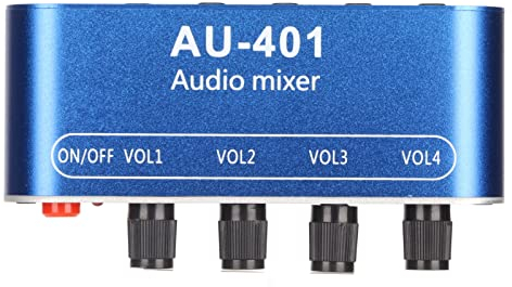 4 in 1 Out Stereo Audio Mixer, DJ Mixer Mischpult, DC 5V-12V Musik Mixer Tragbar, 3.5mm Sound Selector Amplifier, Independent Control Board, für Clubs Bars Stage. Blau
