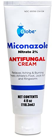 Globe Miconazole Nitrate 2% Topical Antifungal Cream (4 oz Tube) for Athlete’s Foot, Jock Itch, Ringworm Fast-Acting Relief - Extra Strength Formula for Itching, Irritation and Skin Protection