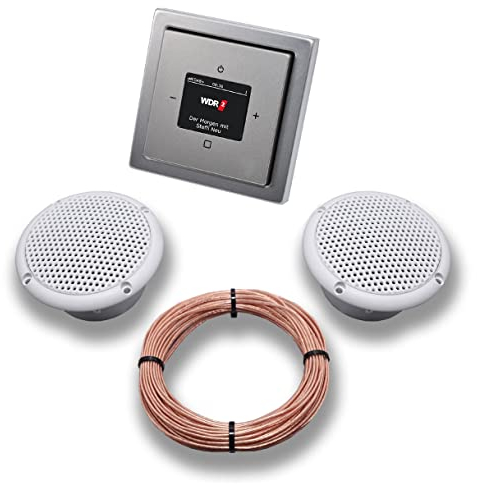 Busch Jäger DAB+ Unterputz Unterputzradio DAB Plus 8215 U – 101 PUR Edelstahl - Komplettset + 2 x Deckenlautsprecher Feuchtraum Badezimmer + 20 m Lautsprecherkabel 2x0,75 mm² 8215U-101