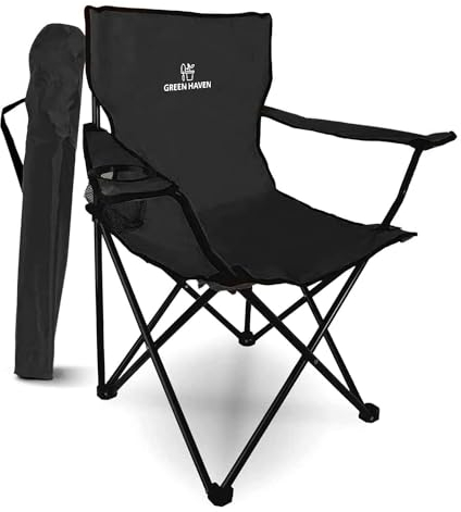 Green Haven Folding Camping Chair - Black Lightweight Picnic Chair w/Cup Holder, 600D Polyester & Rip Stop, Heavy Duty Steel Frame Arm Portable Comfy for Outdoor Camping