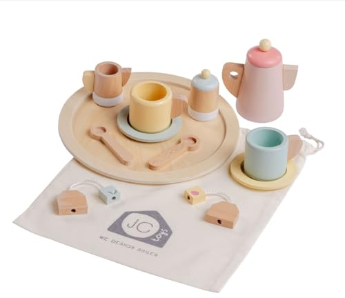 JC TOYS - Barnteservis, 12 stycken, träuppsättning, barntillbehör, simuleringsspel, inklusive förvaringsväska, perfekt för presenter, + 3 år
