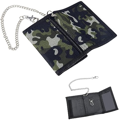 MQWDGJ Slim Geldbeutel Kinder Portmonee Junge Geldbörse mit Kette Clip Reißverschluss Faltbare Kinder Portemonnaie Jungen für Münztasche Kartenhalter Geschenke (Camo Grün)