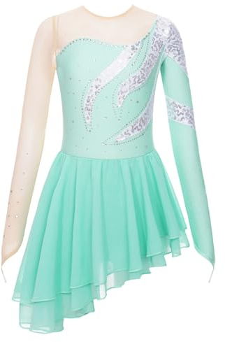 Freebily Abito da Pattinaggio Artistico Bambina Paillettes Leotards Abito da Ballo Latino Vestito da Balletto Body Danza Classica Ballerina Costumi di Danza Performance Verde C 7-8 Anni