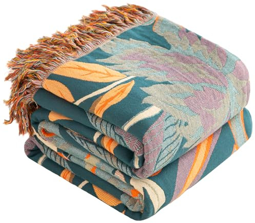 SE SOFTEXLY Boho filt 100 % bomull – stort dubbelsidigt muslin överkast 200 x 230 cm, mysig soffpläd och sängöverkast, estetisk design, perfekt för vardagsrum och sovrum, orange/grön