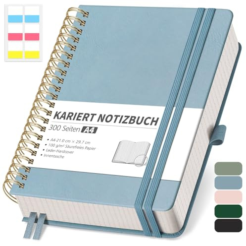 RETTACY Anteckningsbok A4-linjerad, bullet journal med 100 g/m² tjockt papper, 150 ark/300 numrerade sidor, collegeblock för kontor och skola, läderfodral, grå-blå, 21 cm x 29,7 cm