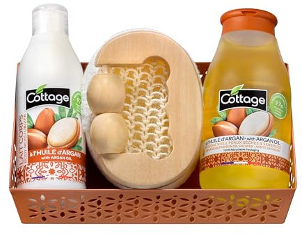 Cottage Coffret Cadeau Huile d'Argan - 1 Gel douche Huile + 1 Lait Corps Hydratant + 1 éponge exfoliante + 1 masseur bois - Fabriqué en France - 97% d'ingrédients d'origine naturelle