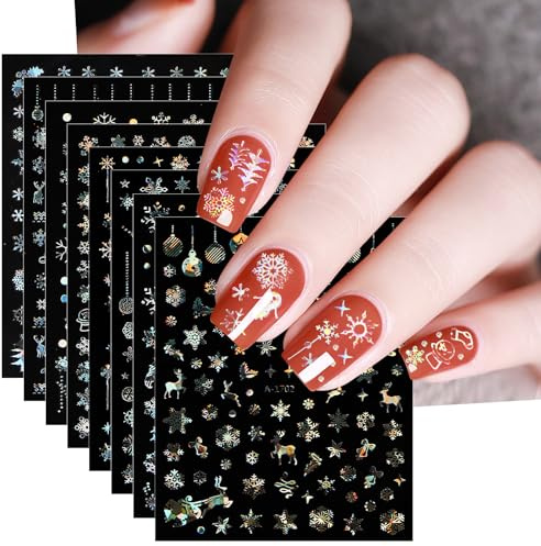 DERAYEE 8 Feuilles Autocollant Ongle Noël, Stickers Nail Art, Décoration Argentée pour Femme Fille