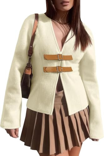 Manteau Court à Pois pour Femmes Vestes Courtes en Laine à col en v Vintage décontracté y2k Automne Blazer Avant Ouvert avec Boucle