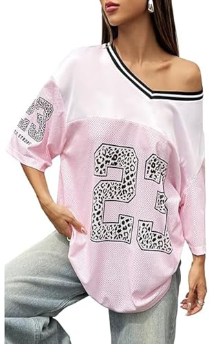 CocMouse Womens Graphic Tees Y2k Oversized Number Graphic V Neck Summer Top Short Sleeve Jersey T-Shirt Streetwear (Pink, M)