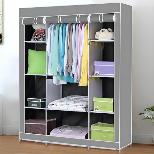 JF HOME BLISS Canvas Wardrobe 125 x 45 x 165 cm Foldable Clothes Storage Cabinet with Hanging Crossbar Fabric Closet Organizer for Bedroom Living Room and More (Grey)