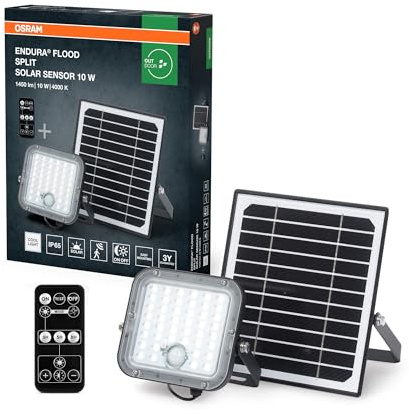 Osram Lámpara LED solar exterior Endura para exteriores con luz de inundación y panel solar, cable de 5 m, con mando a distancia y sensor de movimiento PIR, 10 W, 1400 lm, 840, 4000 K, eficiencia